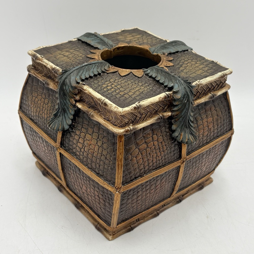 Vintage Faux Rattan Bamboo Tissue Box Cover Palm Leaf Boho Tropical Decor